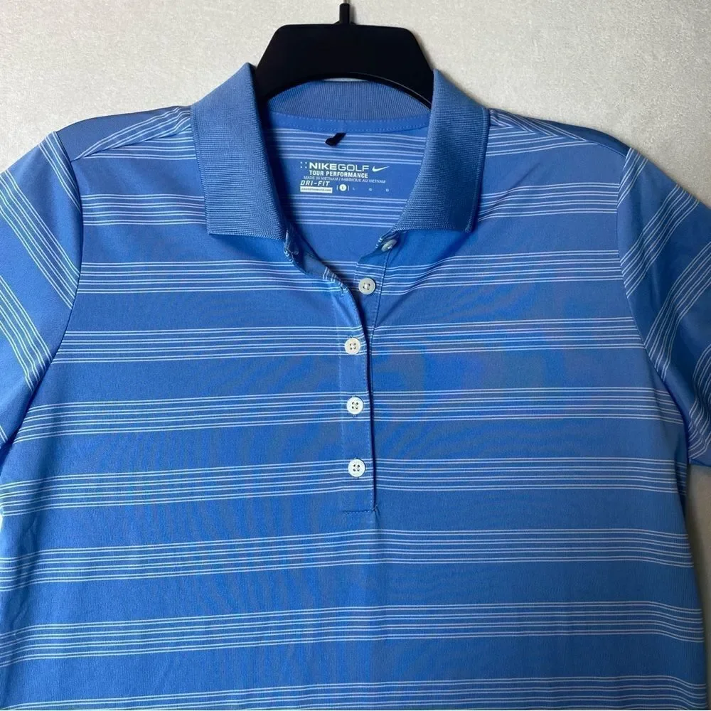 Nike Golf Dri Fit White and Blue Striped Short Sleeve Polo Size Large